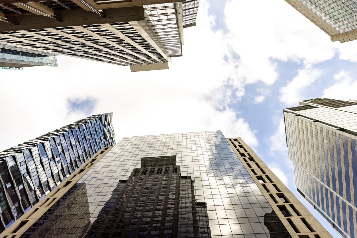 Low angle view of modern office buildings, skyscrapers, Sydney Australia, background with copy space, full frame horizontal composition