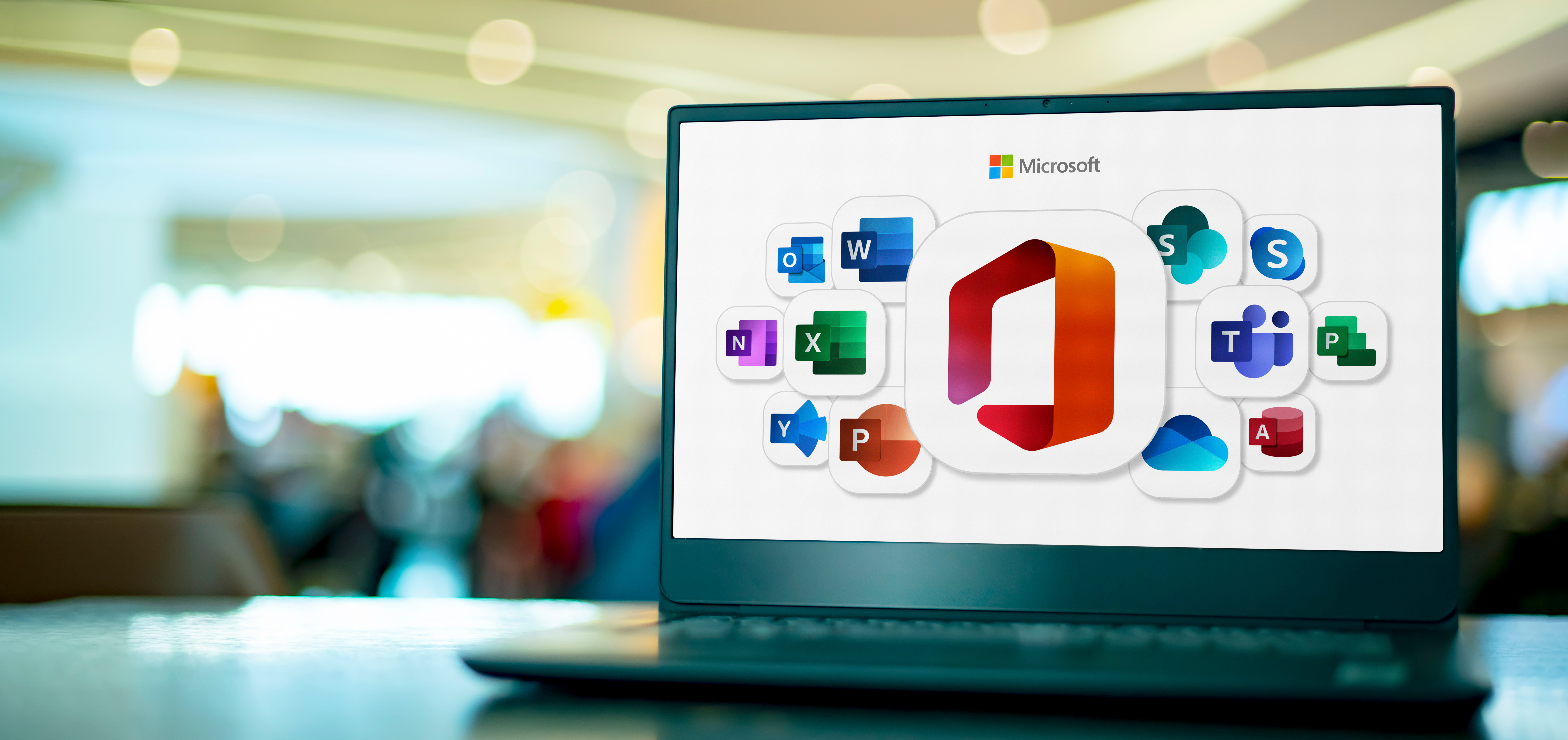 POZNAN, POL - SEP 28, 2022: Laptop computer displaying logos of Microsoft Office, a family of client software, server software, and services developed by Microsoft