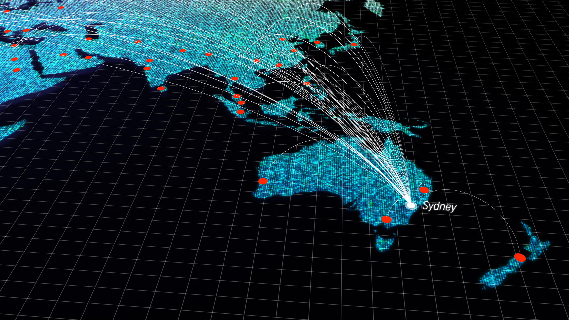 Global connectivity from Sydney, Australia to other major cities around the world. Technology and network connection, trading and traveling concept. World map element of this clip furnished by NASA : https://visibleearth.nasa.gov/collection/1484/blue-marble